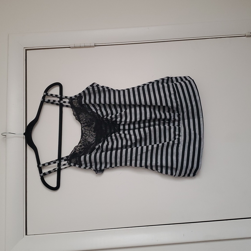 Hot Topic Black and Gray Striped Lace Top - Picture 2 of 14